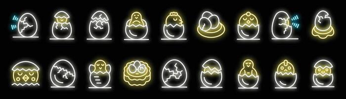 Neon icon set of hatching chicks, eggshell, and newborn chicken in various poses vector