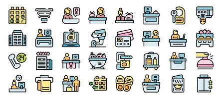 Reception desk icons set providing visual representation of hotel and office services vector