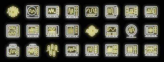 Set of neon icons oscilloscope showing electrical signal waveform vector