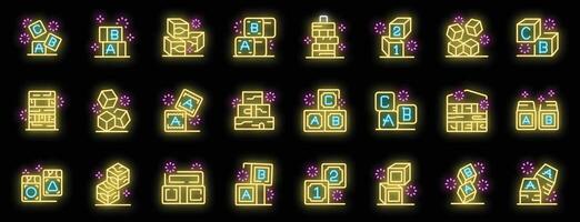 Set of neon building blocks icons with letters and numbers vector