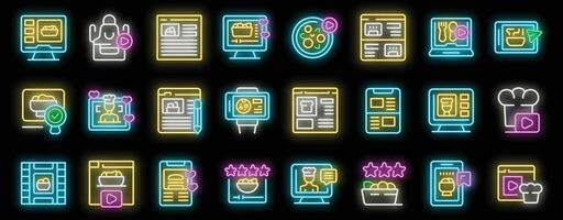 Food bloggers are posting online culinary content using various devices in neon style vector