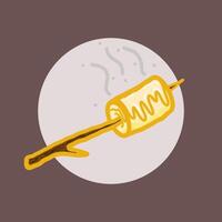 Marshmellow design skewered on a twig to be burned, drawn in a simple style vector