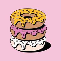 A stack of three donuts with different flavors illustration vector
