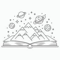 Imaginative open book with mountains and planets illustration vector