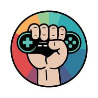 Gaming Controller in Fist Icon Illustration on Colorful Round Background vector