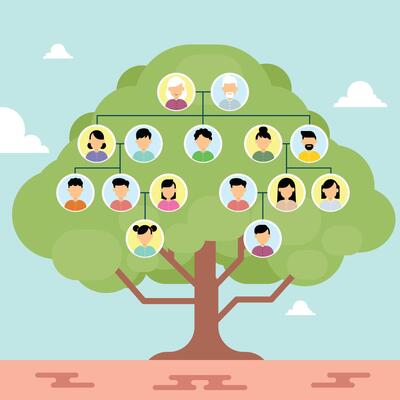 Family tree chart with human avatars of three generation