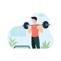 Man with barbell lifting exercise in gym. Workout and exercise illustration vector