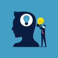 Change mindset with brain training to learn new skill. Businessman change light bulb on human head metaphor of mindset vector