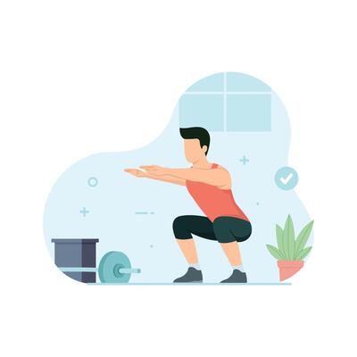 Man doing air squat in gym. Workout and exercise illustration