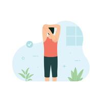 Man doing tricep stretching in gym. Workout and exercise illustration vector