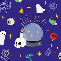 Halloween pattern. Happy Halloween background in flat style. A skull with a candle for various magical rituals and a magical glass layer vector
