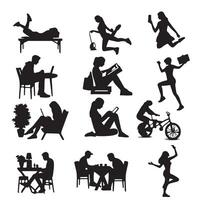 Silhouettes of people in engaging in everyday activities set with white background vector