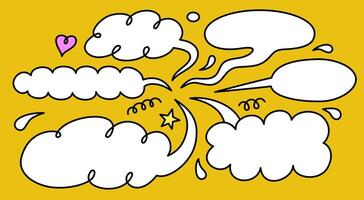 Illustration of dialog speech bubbles with doodles on yellow background. Communication concept. Hand drawn creative illustration. vector