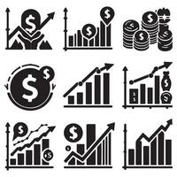 Set of chart icons with dollar sign in even silhouette on a white background. The graph shows downward and upward trends. vector