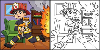 Firefighter Running Away with a Cat Illustration vector