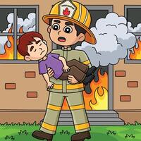 Firefighter Saving the Kid Colored Cartoon vector