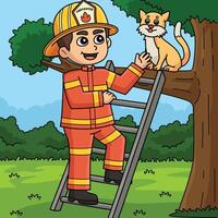 Firefighter Saving a Cat Colored Cartoon vector