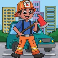 Firefighter Holding an Axe Colored Cartoon vector