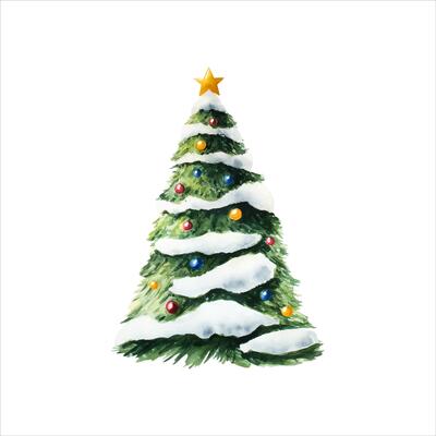Christmas tree in the snow with toys, balls. Christmas watercolor plant with gold star, hand painted illustration isolated on background. For designers, decoration, shop, for postcards, wrapping