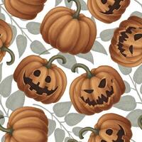 Halloween Seamless pattern with Jack o Lantern in cartoon style. Hand drawn endless dark holiday background design. Dark mystical texture surface for autumn textile and spooky season crafts. vector