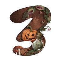 Number three Halloween illustration with Jack O Lantern in cartoon style. Hand drawn dark brown digit 3. Isolated drawing perfect for autumn font graphic and spooky season card designs. vector