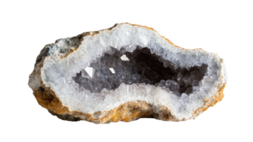 A stunning geode showcasing sparkling crystals within a rocky exterior, perfect for nature enthusiasts and mineral collectors. png