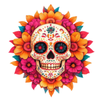 Vibrant sugar skull surrounded by colorful flowers, perfect for celebrating Day of the Dead or adding a festive touch to any design. png