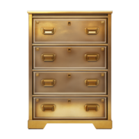 Elegant golden filing cabinet with four spacious drawers, perfect for organizing office documents and adding a touch of luxury. png