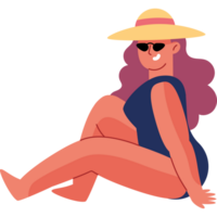 A cartoon woman in a hat and swimsuit sitting on the ground png