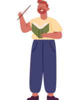 Man reading book with feather in hand png