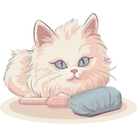 A white cat with blue eyes sitting on a white plate with a brush png