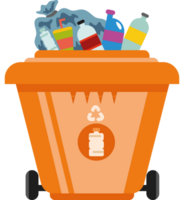 An orange trash can with bottles and cans inside png