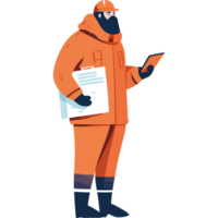 An illustration of a man in an orange suit holding a clipboard png