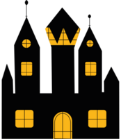 A black castle with yellow windows and a crown on top png