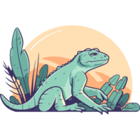 An iguana sitting on the ground with plants and a sun png
