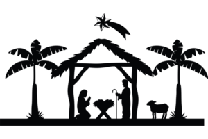 A silhouette of a manger with palm trees and a star png