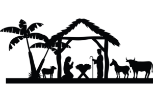 Nativity scene with a manger, sheep and palm trees png