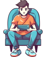 A cartoon man sitting on a couch with a tablet png