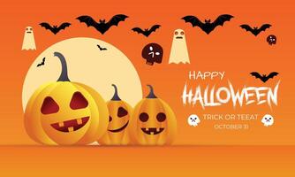 Happy Halloween. Pumpkin ghosts, spiders, and yellow background banner design temolate. holiday concept. Eps 10. vector