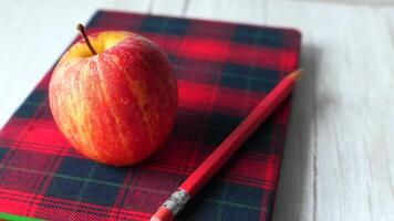 A red apple and a pencil on a red and green plaid notebook video