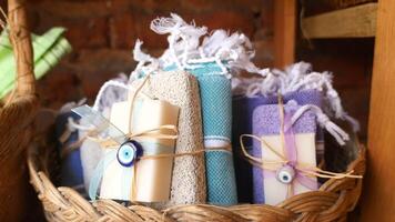 Stack of soap topped with evil eye beads, video