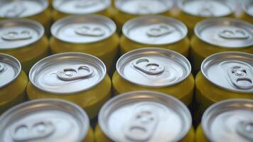 Cans of soft drink lined up , video