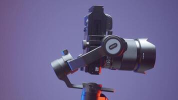 Sony camera accessories. Action. A rotating tripod for shooting with an attached camera on a purple background. video