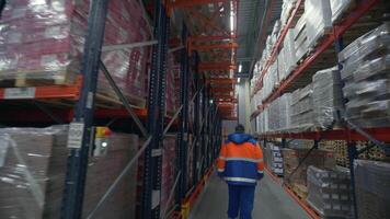 Serbia - Belgrade, September 20, 2022. Interior of a big factory warehouse with a worker in uniform walking along the rows. Creative. Many packages on shelves. video