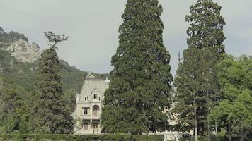 Beautiful landscape with palace in green forest on background of mountains. Action. White palace among green tall trees sunny summer day. Country palace in forest on mountain background on summer day video