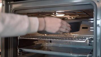 The concept of cooking. Action. A heated stove into which a frying pan with a dish is pushed. video