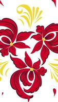 Khokhloma. Abstract fractal transformation background. Loopable. Painting Khokhloma Russia of bright red flowers and berries on white background. Abstract background of red polygons video