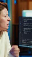 Vertical Worried cybersecurity expert pouting after finding many security vulnerabilities, scared of malware infections. Anxious developer distressed by cyber attacks on computer systems, camera A video