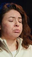Vertical Angry programmer feeling frustration after failing to secure company servers from virus attacks. Irritated woman releasing pent up emotions, unable to build firewalls protecting data, camera A video