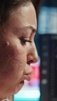 Vertical Angry programmer feeling frustration after failing to secure company servers from virus attacks. Irritated woman releasing pent up emotions, unable to build firewalls protecting data, camera B video